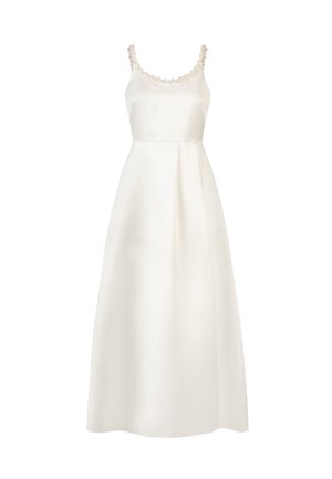 White satin dress with a scoop neckline adorned with a beaded trim, featuring a pleated skirt and a flowy silhouette.