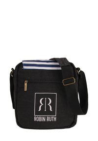Black fabric messenger bag with a front zip pocket, adjustable strap, and striped lining. Features white logo on the front panel.