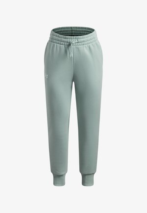 Pantalones deportivos de color verde claro con cintura ajustable con cordón, puños acanalados y un pequeño logo blanco en el muslo izquierdo, hechos de un material suave.