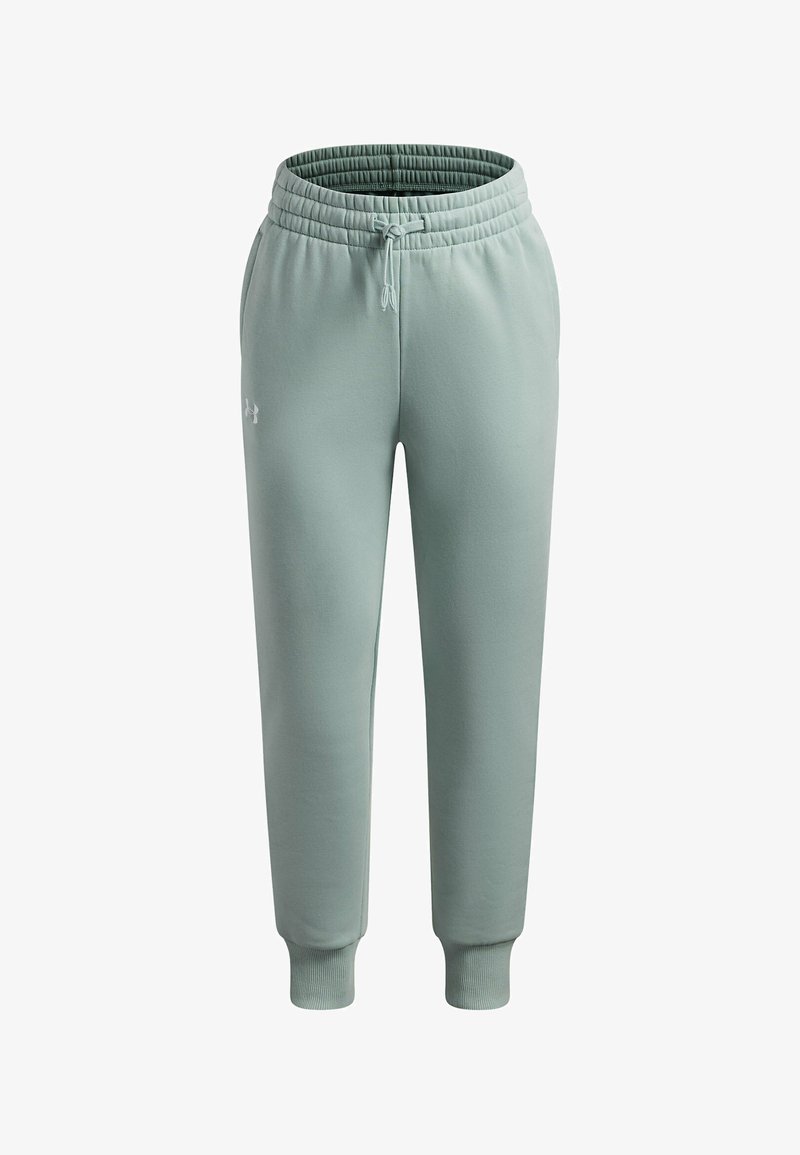 Pantalon de survêtement vert clair avec une taille à cordon, des poignets côtelés et un petit logo blanc sur la cuisse gauche, fabriqué en matériau doux.