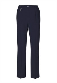 Marineblaue Hose mit geradem Schnitt, ausgestattet mit einem Haken- und Schleifenverschluss und silberfarbenen Hardware-Akzenten, aus glattem Stoff gefertigt.