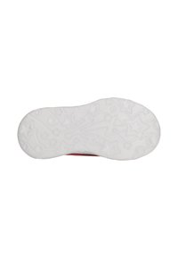 Hvid gummisko sål med prægede stjerner og cirkulære mønstre, tekstureret for greb. Rund form med glatte kanter. Overvejende flad design.
