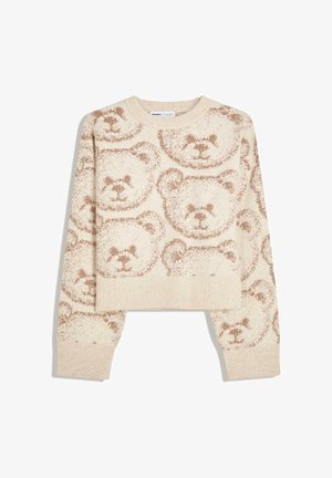 Beige gebreide trui met lange mouwen, versierd met een herhaalde patroon van gepixelde lichtbruine teddybeer gezichten. Geribbelde manchetten en zoom.