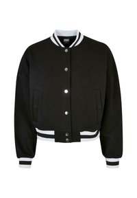 Melnā bumbvedēja jaka ar baltām svītrainām apkakli un aprocēm, sprādzveida aizdare, divas sānu kabatas un īss dizains. Mīksts teksturēts audums.