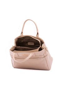 Borsa tote in pelle beige con doppi manici, apertura superiore e molteplici scomparti interni, inclusi taschini con zip per l'organizzazione.