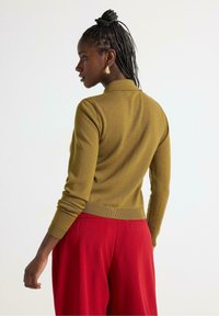 Olivengrøn pullover-sweater med krave, ribbede manchetter og kant, parret med lyse røde brede bukser. Tæt siddende design.