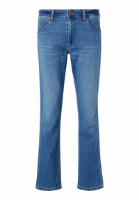Blue denim flared jeans with a classic five-pocket design, featuring a button closure and light fading for a worn appearance.