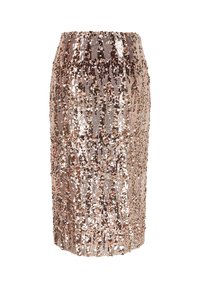 Blizgučiais puošta pieštuko sijonas, skirtingų rožinės auksinės atspalvių. Prigludęs dizainas, iki kelių, su lygia elastinga juosmeniu ir gausiais blizgučiais, suteikiančiais tekstūrinį akcentą.