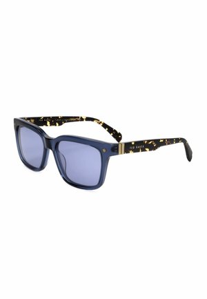Occhiali da sole quadrati con lenti blu, aste scure con motivo tartaruga e marchio Ted Baker sulle stanghette.