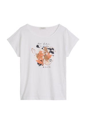 Wit T-shirt met korte mouwen en een ronde hals, een bloemenmotief in oranje en zwart en de tekst "dear future, I'm ready" op de voorkant.