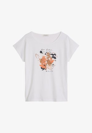 Wit T-shirt met korte mouwen en een ronde hals, een bloemenmotief in oranje en zwart en de tekst "dear future, I'm ready" op de voorkant.