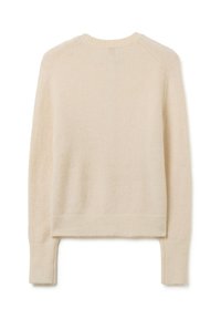 Maglione crema dalla texture morbida con colletto a girocollo e polsini a coste. Presenta maniche raglan e un orlo corto nella parte posteriore.