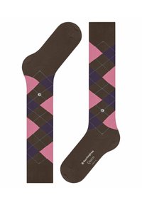 Calzini marroni con motivo argyle in rosa, viola e marrone scuro, con contorni a diamante blu chiaro e un logo sulla suola.