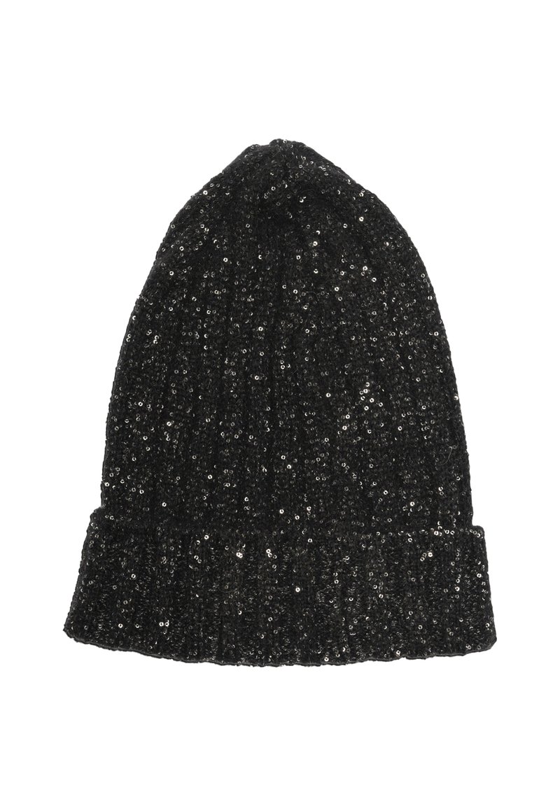 Black knitted beanie hat covered in shiny black sequins with a folded brim.