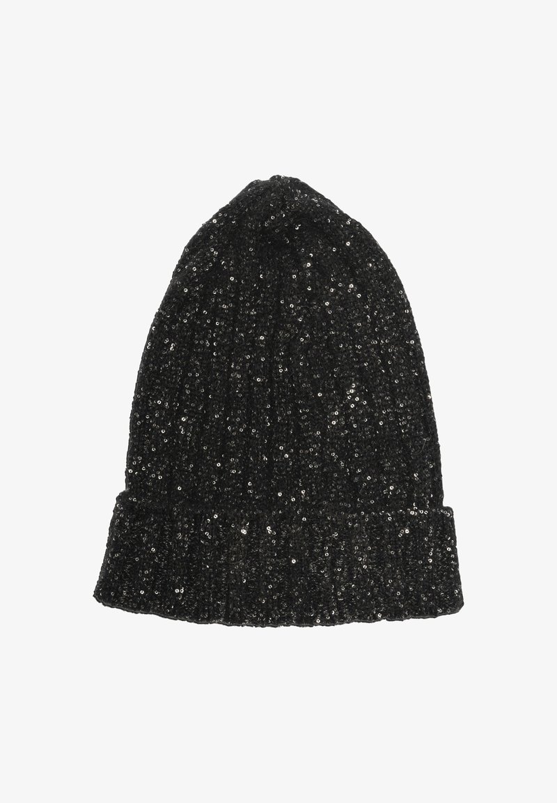 Black knitted beanie hat covered in shiny black sequins with a folded brim.