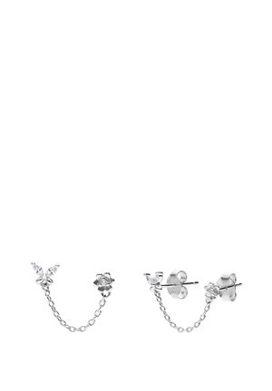 Silver earrings featuring butterfly and flower designs, with clear gemstones and a connecting chain. Sleek and minimalistic style.