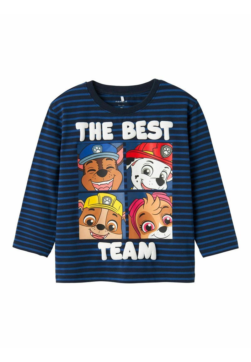 Langarm-T-Shirt in Marineblau mit blauen Streifen, versehen mit einem mehrfarbigen Grafikmotiv mit Cartoon-Figuren und dem Text "DAS BESTE TEAM."