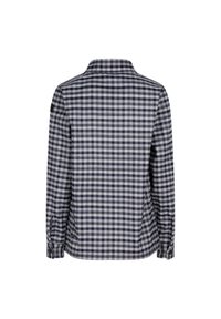 Rutigt skjorta i marinblått och vitt. Har långa ärmar, en krage och knäppte manschetter. Materialet verkar texturerat och passar bra för lager på lager.