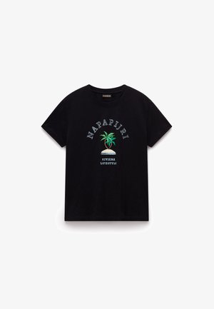 Schwarzes T-Shirt aus Baumwolle mit dem Text "NAPAPIJRI" und einem Grafikmotiv einer Palme in Grün und Blau, mit "RIVIERA LIFESTYLE" darunter.