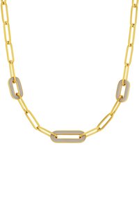 Collar en tono dorado que presenta eslabones de papel alargados, intercalados con acentos rectangulares grises, creando un diseño geométrico moderno.