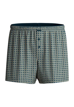 Shorts boxer avec un motif géométrique, mélange de couleurs bleu et beige, taille élastique, et deux boutons sur le devant pour la fermeture.