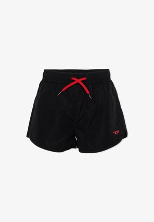 Pantaloncini atletici neri con coulisse rossa e piccolo logo rosso sulla parte inferiore della gamba sinistra.