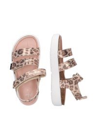 Leder-Sandalen mit Leopardenmuster, drei verstellbaren Riemen, beigen und metallischen Akzenten, gepolstertem Fußbett und einer weißen Gummisohle.