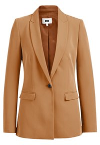 Brown blazer made of smooth fabric, featuring a single button closure, notch lapels, and two front pockets. Lined interior.