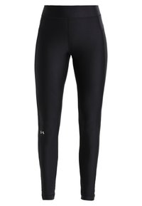 Svarta sportleggings i elastiskt material, med hög midja och en liten logotyp på nedre vänstra benet. Slät textur.