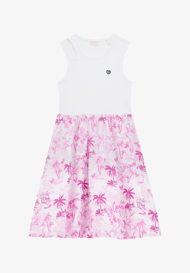 Robe sans manches avec un haut blanc côtelé et une jupe évasée rose à motif de palmiers. Présente un petit logo en forme de cœur sur le haut.