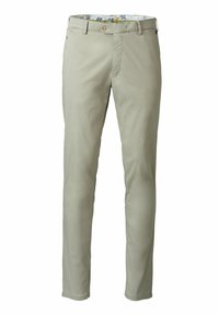 Light gray cotton trousers with a slim fit, featuring a button closure and a patterned inner waistband. Smooth texture and minimalist design.