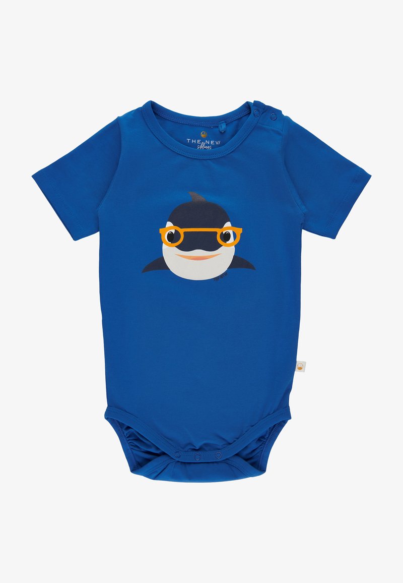 Blue short-sleeve onesie featuring a cartoon whale with black and white details and orange glasses, made of soft, stretchy cotton fabric.