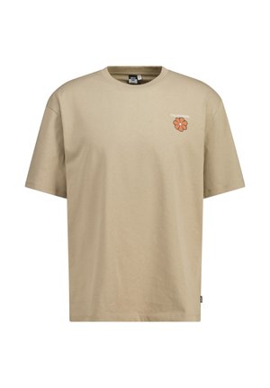 T-shirt en coton beige avec col rond, manches courtes et un graphisme floral orange accompagné du texte "CALIFORNIA" sur la poitrine gauche.