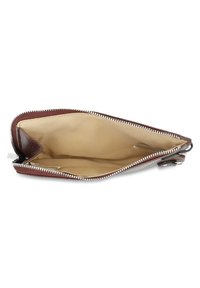 Brown leather wallet with a zip closure, interior lined in light fabric, featuring no compartments and a smooth texture.