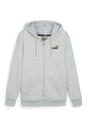 Lysegrå hættetrøje med fuld lynlås, forlommer, snøre i hætten, ribstrikkede manchetter og sort Puma-logo på venstre bryst.