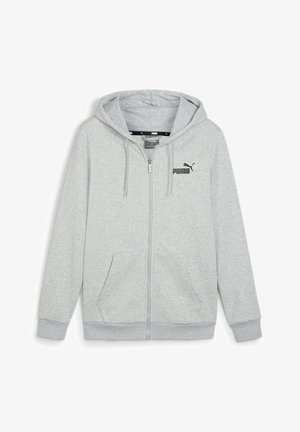 Sweat à capuche gris clair zippé intégral avec poches avant, capuche avec cordon de serrage, poignets côtelés et logo Puma noir sur la poitrine gauche.