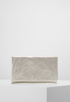 Metallic silver clutch bag with a smooth texture, a rectangular shape, and a simple fold-over design. No visible hardware or accents.