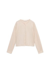 Beige Cardigan, weicher Stoff, kurze Länge, lange Ärmel, runder Halsausschnitt, Knopfverschluss in der Mitte mit fünf Knöpfen, minimalistisches Design.