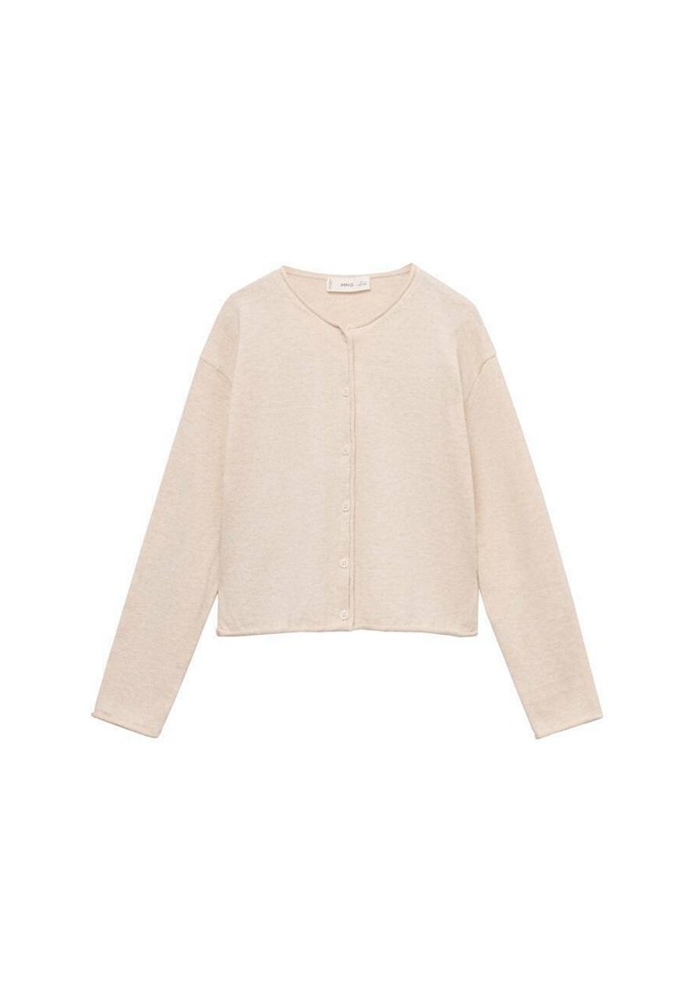Beige Cardigan, weicher Stoff, kurze Länge, lange Ärmel, runder Halsausschnitt, Knopfverschluss in der Mitte mit fünf Knöpfen, minimalistisches Design.