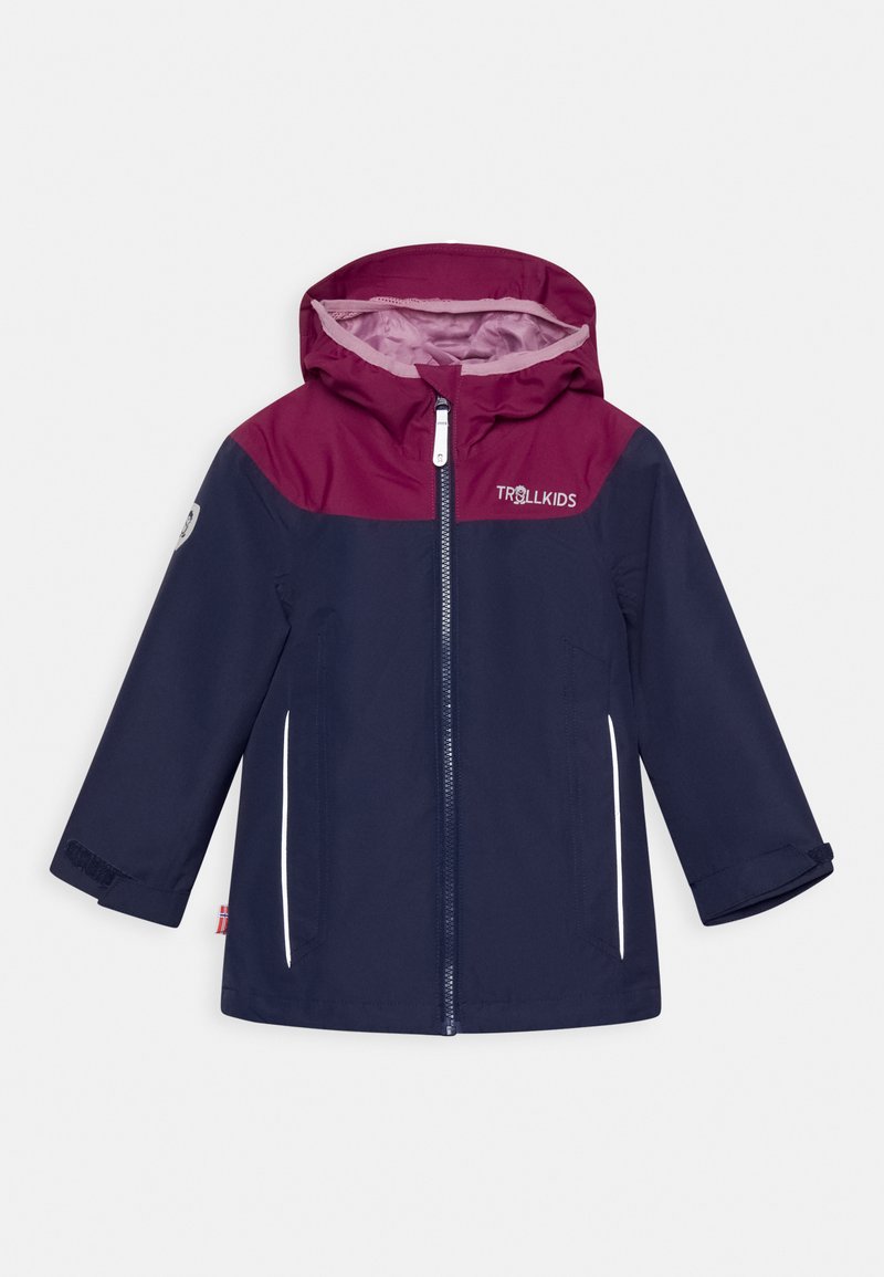 Navy blue children's jacket with a burgundy upper section, zip closure, hood, and reflective accents. Soft inner lining. Lightweight material.