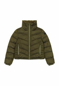 Zielona oliwkowa kurtka ocieplana z wysokim kołnierzem, zamkiem błyskawicznym z przodu i zapinanymi na zamek kieszeniami. Wyposażona w teksturowany wzór w zygzak.