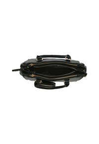 Sac à main en cuir noir avec deux poignées supérieures, plusieurs compartiments zippés, quincaillerie dorée et finition texturée.