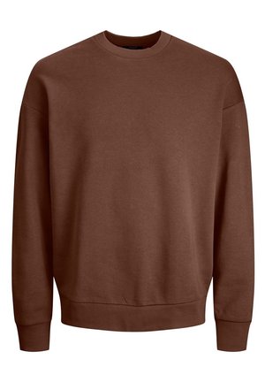 Bruine crewneck-trui met lange mouwen en geribbelde boorden en zoom, getoond tegen een witte achtergrond.