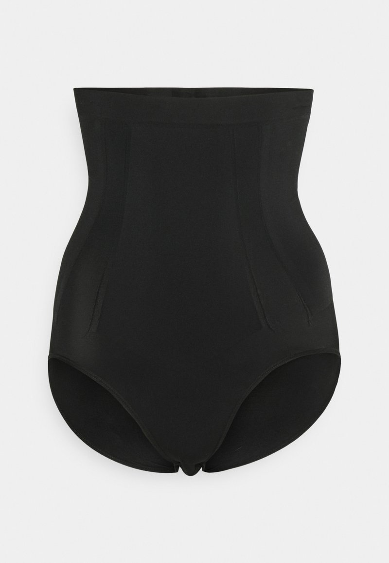 High-waisted black shapewear brief with seamless design and subtle contour lines shaping the waist and hips.