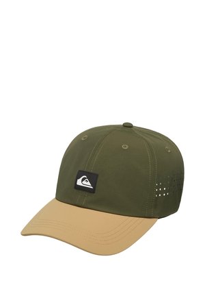 Cap in olive green and tan, made of fabric with ventilation holes. Features a black logo patch on the front and stitched accents.