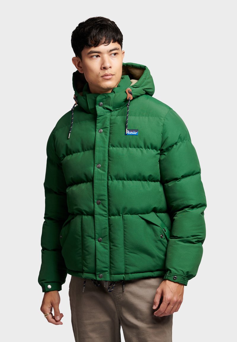 Green insulated puffer jacket with a hood, featuring a zip and snap button closure, front pockets, and contrast drawstrings.