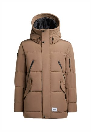 Ruskea untuvatakki, jossa korkea kaulus ja irrotettava huppu. Varustettu vetoketjullisilla taskuilla ja logoplaasilla. Sileä pinta ja tikattu kuvio.