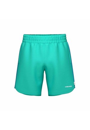 Pantalones cortos deportivos turquesa con cintura elástica, bolsillos laterales y un pequeño logo blanco "HEAD" en la parte inferior de la pierna derecha.