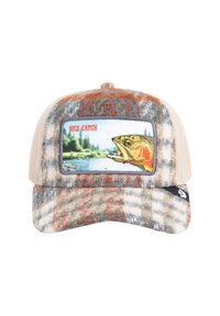 Plaid cap featuring a beige mesh back, multicolored wool front, and a rectangular patch with a fish illustration and “NICE CATCH” text.