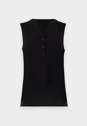 Black sleeveless top with a V-neck and button detailing. Made from a smooth fabric, featuring subtle pleats at the shoulders.